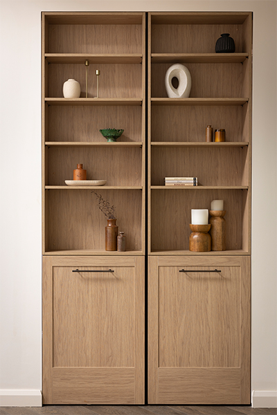 Decorative Murphy doors in oak that harmonize with cabinetry and overall kitchen design.